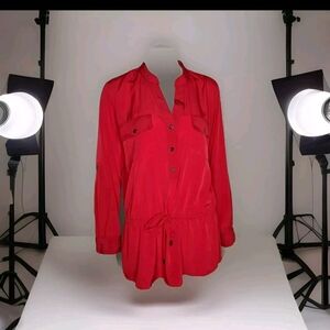 Vtg 90s Red Blouse Shirt 8 Alfani Button Front Pockets Drawstring Waist Roll Up